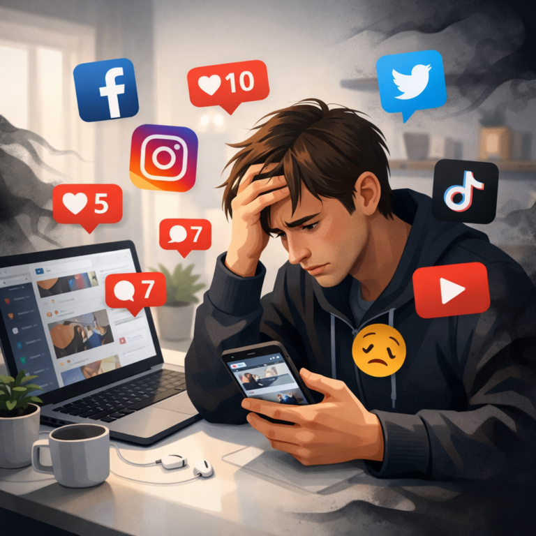 what is social media Person looking stressed while using smartphone and laptop with social media icons around, showing the negative effects of social media on mental health
