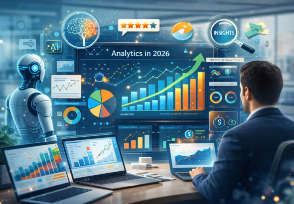 Analytics in 2026 Business analytics dashboard showing data visualization, charts, and AI-driven insights helping professionals make smarter decisions in 2026.