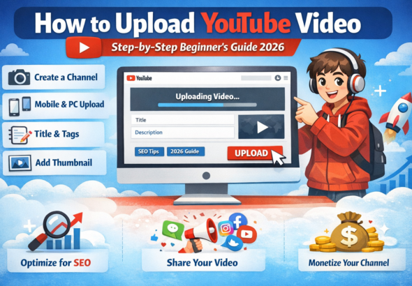 How to upload YouTube video step-by-step guide 2026 showing video upload screen, title, description, thumbnail setup, SEO optimization and monetization process on YouTube.