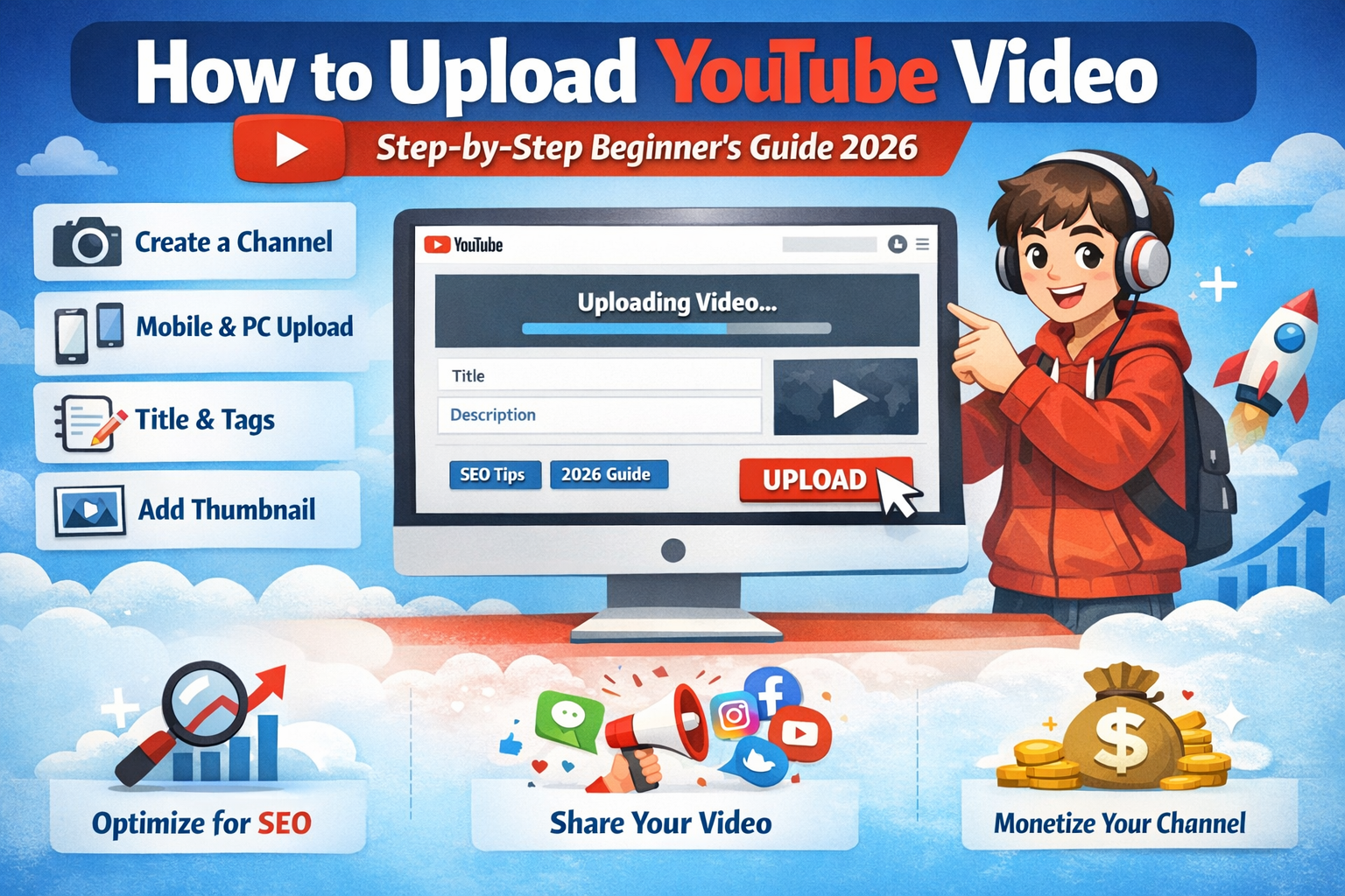 How to upload YouTube video step-by-step guide 2026 showing video upload screen, title, description, thumbnail setup, SEO optimization and monetization process on YouTube.