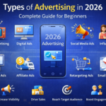 Infographic showing different types of advertising in 2026 including digital, social media, influencer, email, and billboard ads