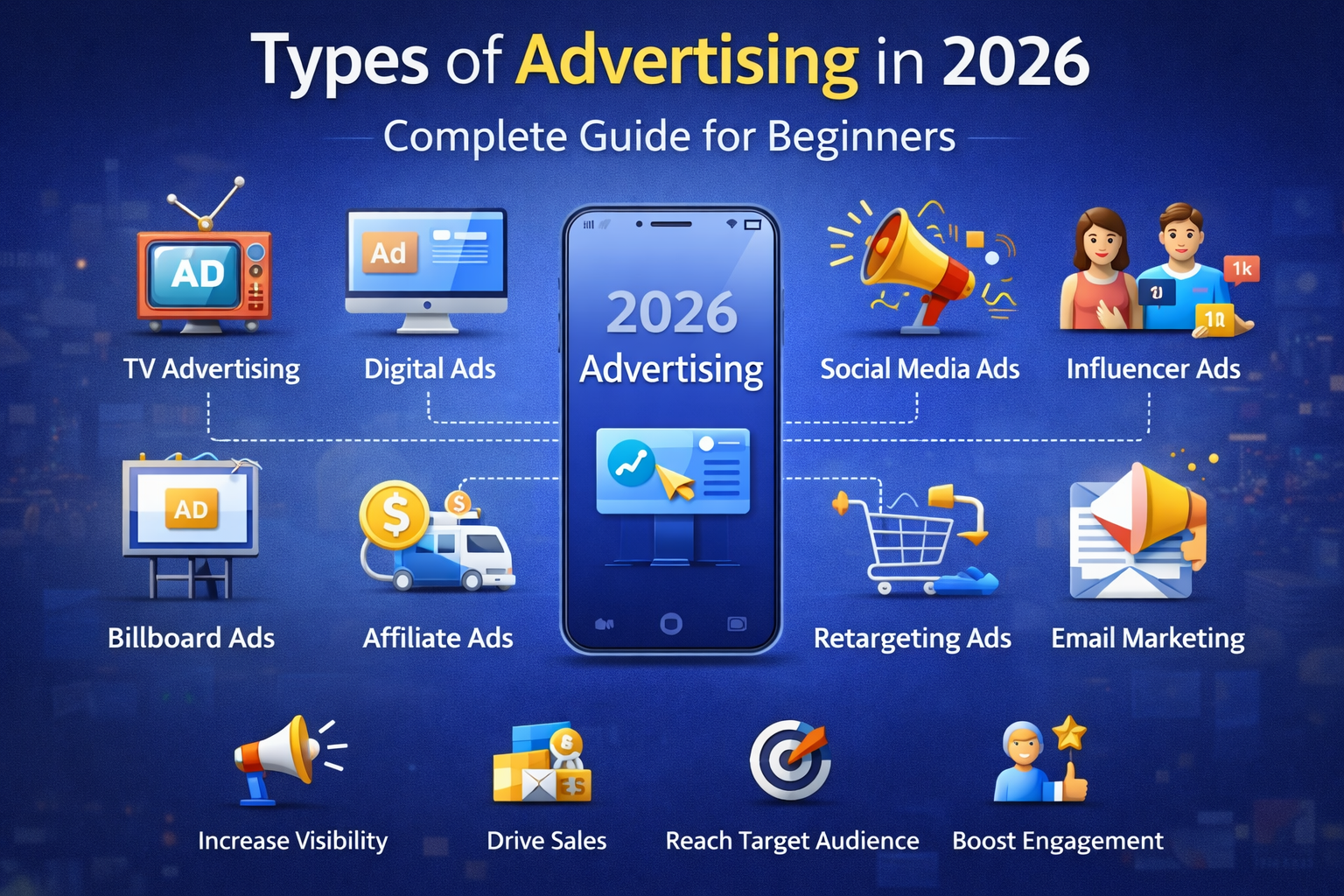 Infographic showing different types of advertising in 2026 including digital, social media, influencer, email, and billboard ads