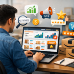 Amazon Marketing in 2026 Amazon seller analyzing product listings, PPC ads, and sales growth dashboard on laptop in a modern workspace.