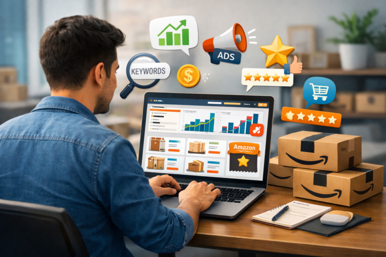 Amazon Marketing in 2026 Amazon seller analyzing product listings, PPC ads, and sales growth dashboard on laptop in a modern workspace.