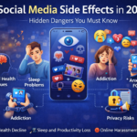 Infographic showing social media side effects in 2026 including addiction, anxiety, sleep problems, mental health decline, and privacy risks
