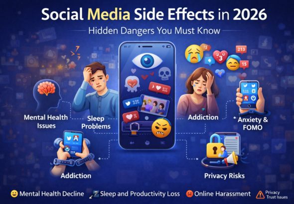 Infographic showing social media side effects in 2026 including addiction, anxiety, sleep problems, mental health decline, and privacy risks