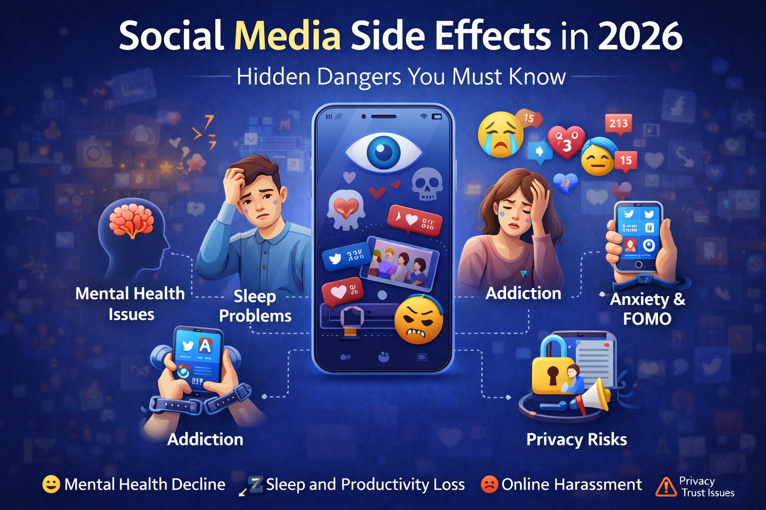 Infographic showing social media side effects in 2026 including addiction, anxiety, sleep problems, mental health decline, and privacy risks
