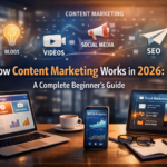 How Content Marketing Works in 2026 strategy illustration showing digital marketing dashboard, content planning, SEO analytics, social media automation, and laptop workspace setup.