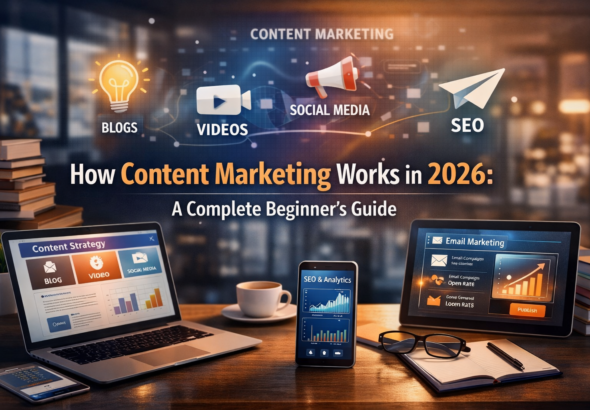How Content Marketing Works in 2026 strategy illustration showing digital marketing dashboard, content planning, SEO analytics, social media automation, and laptop workspace setup.