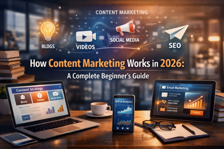 How Content Marketing Works in 2026 strategy illustration showing digital marketing dashboard, content planning, SEO analytics, social media automation, and laptop workspace setup.