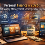 Personal Finance in 2026 digital illustration showing smart budgeting strategy, emergency fund jar, investment growth charts, insurance icons, retirement planning graphics, and income management dashboard for beginners.