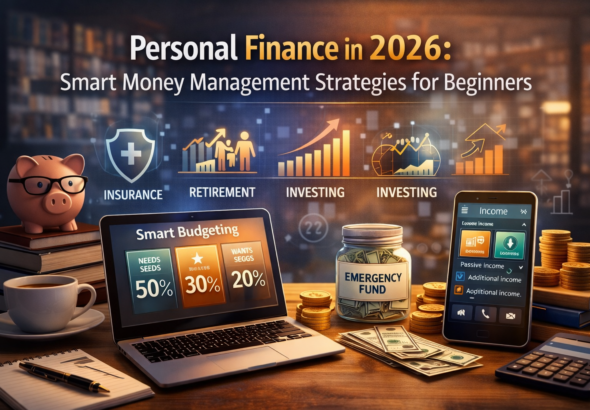 Personal Finance in 2026 digital illustration showing smart budgeting strategy, emergency fund jar, investment growth charts, insurance icons, retirement planning graphics, and income management dashboard for beginners.