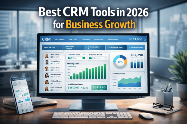Best CRM tools in 2026 dashboard showing customer management, sales tracking, and business growth analytics