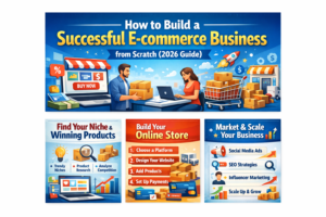 How to build a successful e-commerce business from scratch in 2026 with steps like niche selection, online store setup, and marketing strategies