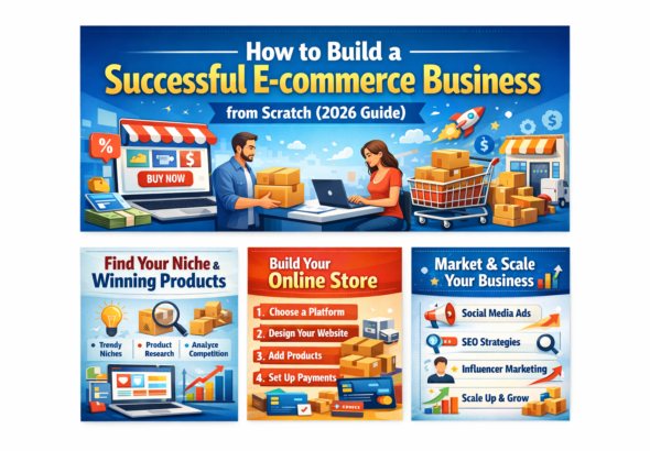 How to build a successful e-commerce business from scratch in 2026 with steps like niche selection, online store setup, and marketing strategies