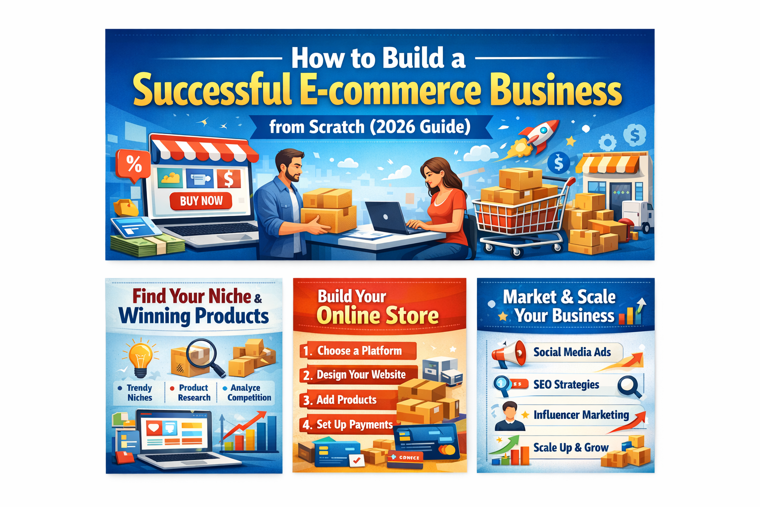 How to build a successful e-commerce business from scratch in 2026 with steps like niche selection, online store setup, and marketing strategies